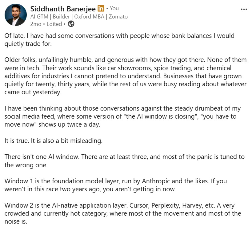 Screenshot of the LinkedIn post: The Three AI Windows