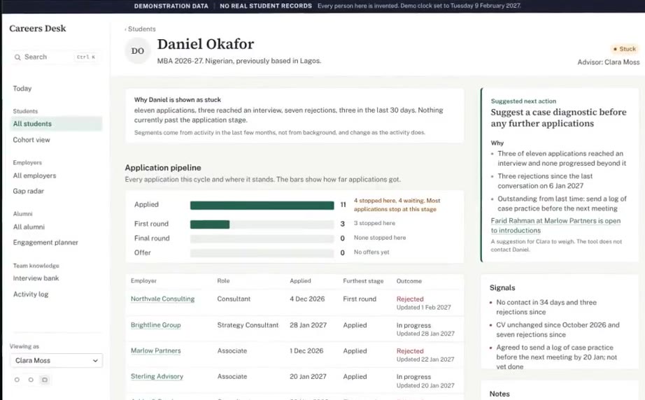 An invented student's page: why they are flagged, their applications, and a suggested next step for the advisor.