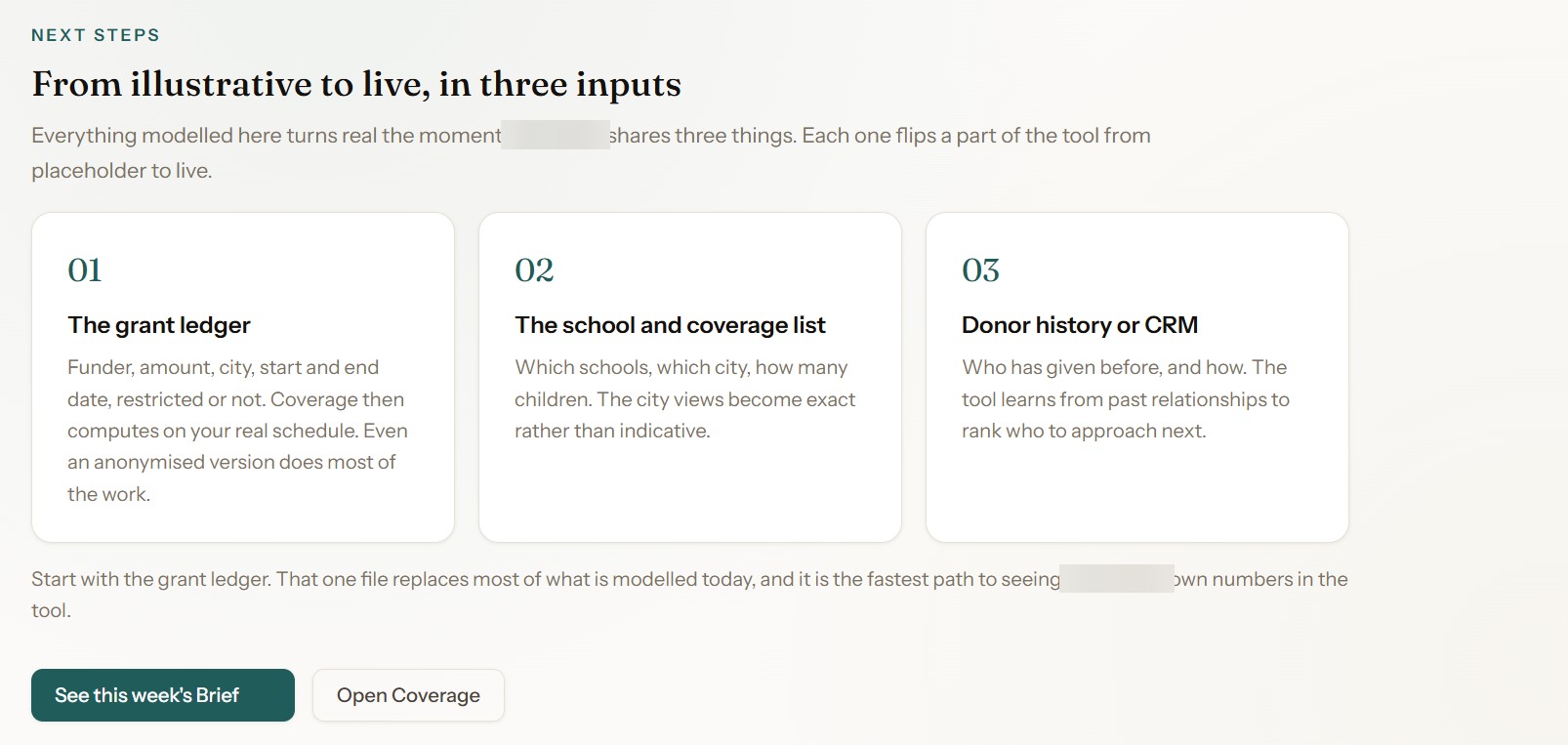 The tool ships modelled rather than empty: three inputs flip each part of it from illustrative to live.