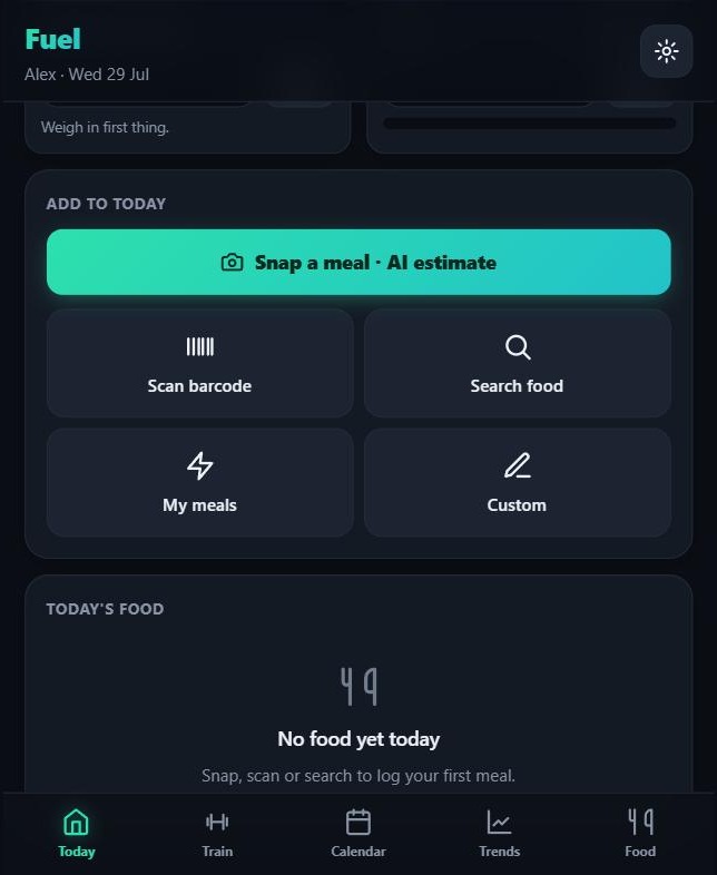 Four ways in, because friction is why food tracking gets abandoned. Photo, barcode, search, or a saved meal, with the day still empty underneath.