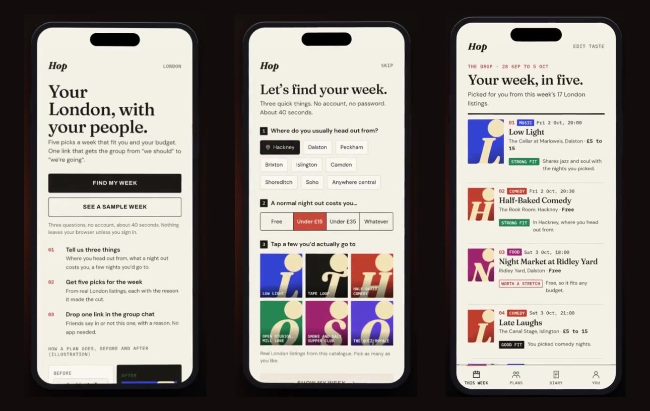 The first screens: three quick things, no account, then the week in five, each pick with the reason it made the cut. Listings invented for filming.
