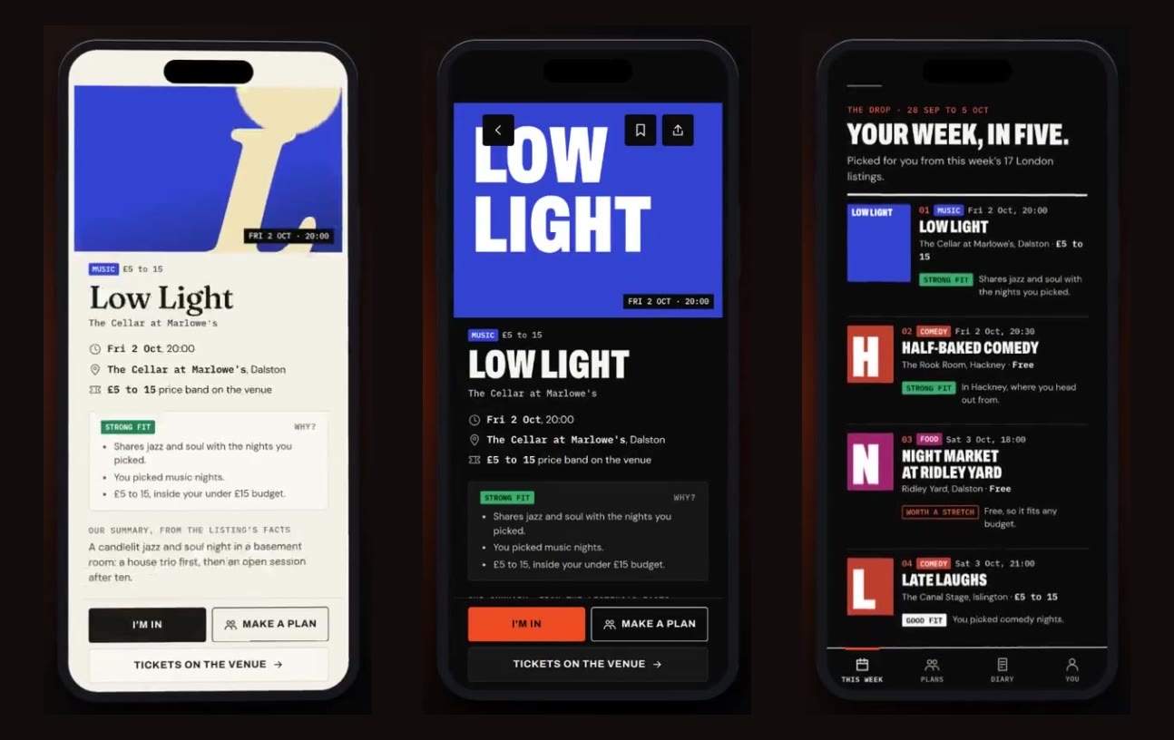 The same night by day and after dark: in the hours before a night out, the whole app turns to night.