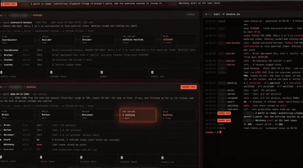 The terminal view: each loop's roles and state, and a live feed of every change.
